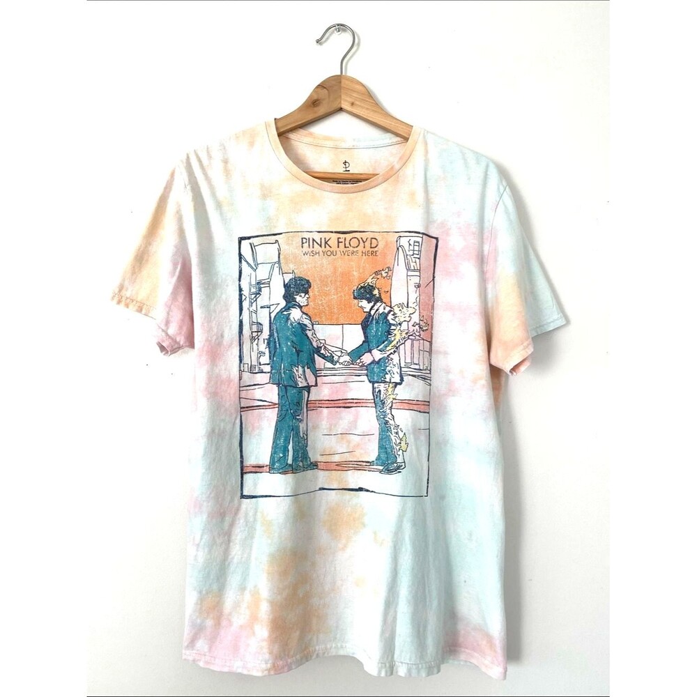 Pink Floyd "Wish You Were Here" Tie Dye Tee Large Band Graphic Pink Blue Peach